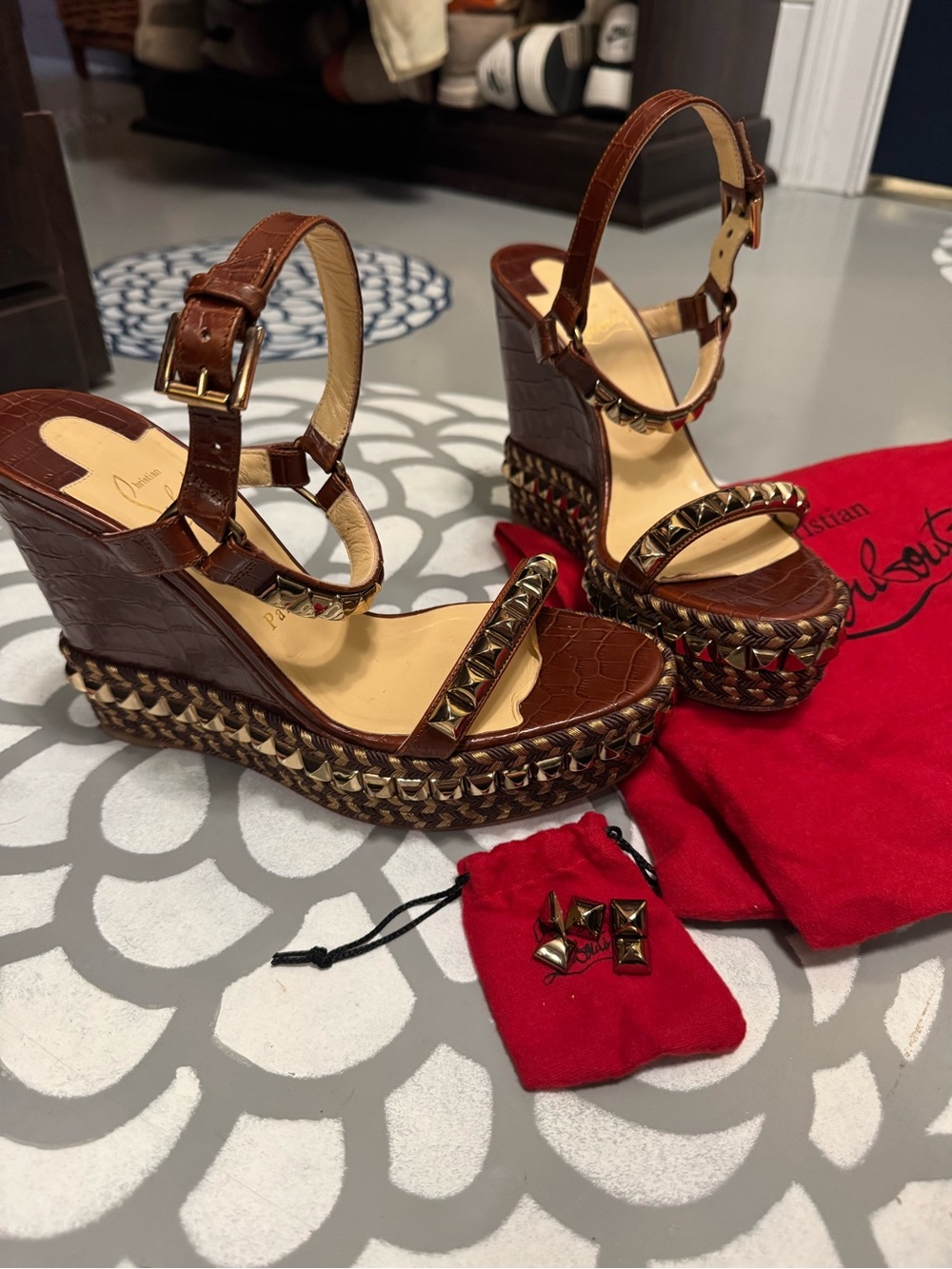 Christian Louboutin Pyraclou Brown Croc-Embossed Gold Studded Wedge Sandals